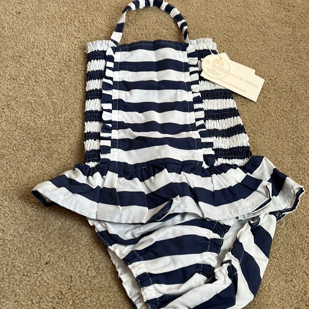 Rachel Riley size 6Y swimsuit with ruffle. Navy and white stripes.